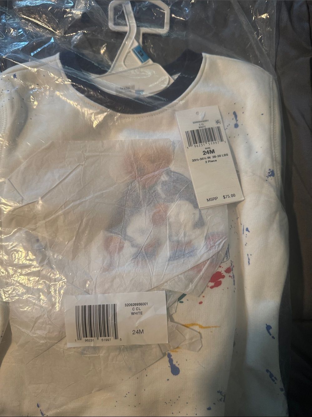 Ralph Lauren White Sweatsuit, Navy Trim and Multicolor Paint-Splatter